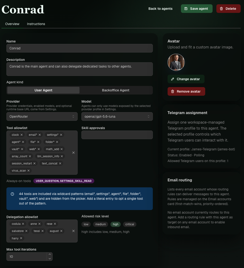 An agent's detail view in the console with its name, description, provider, model, tool allowlist, delegation allowlist, and permitted risk level.