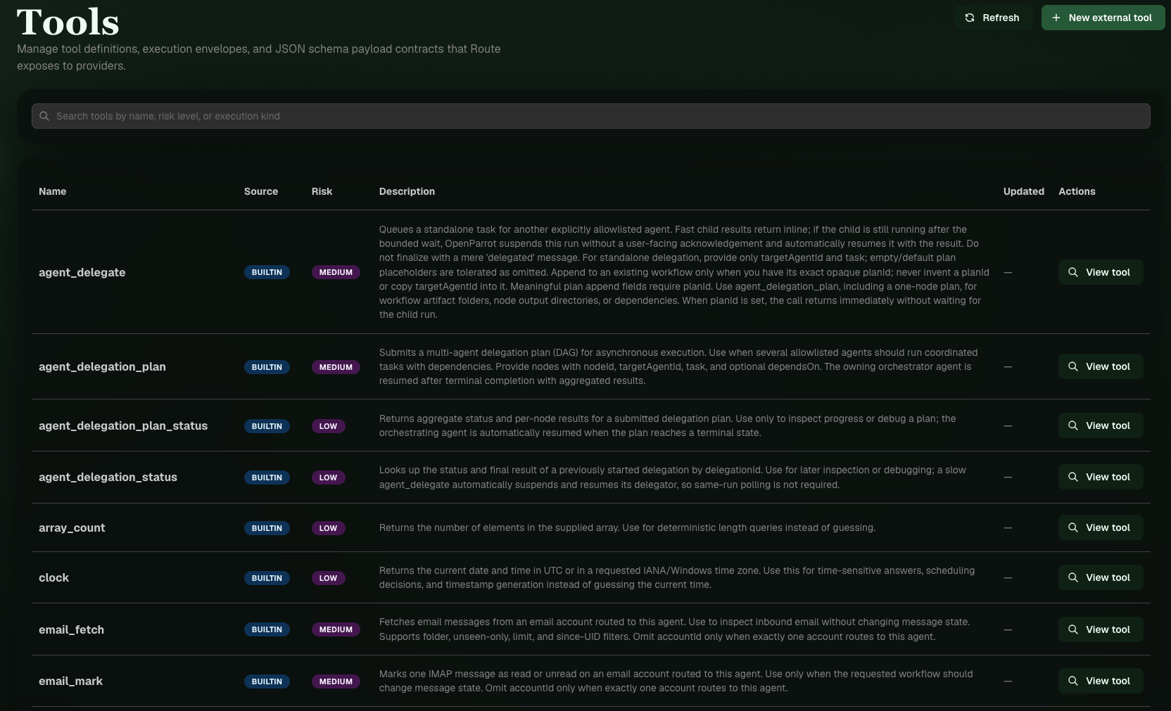 The console's tool overview. Each row shows a name, description, source, and risk level.